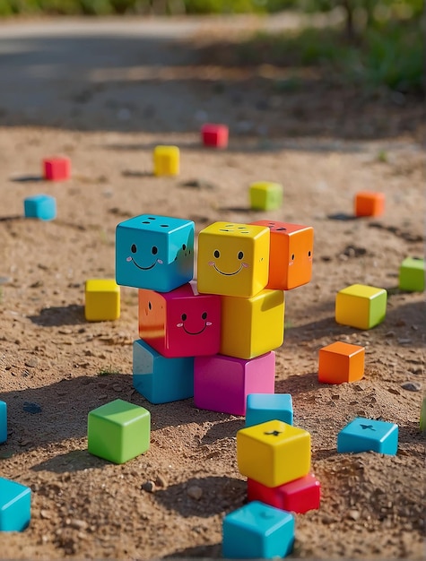Foto dolci cubi colorati che rimbalzano sul terreno sorridendo mentre le loro braccia e gambe pendono fuori e giù