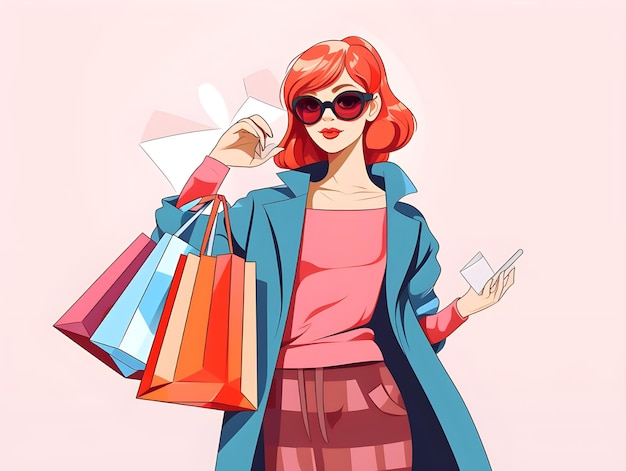 애니메이션 일러스트레이션 디자인에서 쇼핑 가방을 들고 있는 여자의 귀여운 다채로운 디지털 아트 디자인