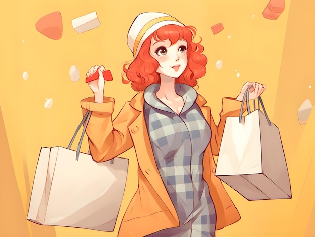 Photo cute colorful digital art design of a lady carrying shopping bags in anime illustration drawing