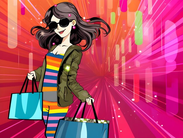 Photo cute colorful digital art design of a lady carrying shopping bags in doodle line art illustration