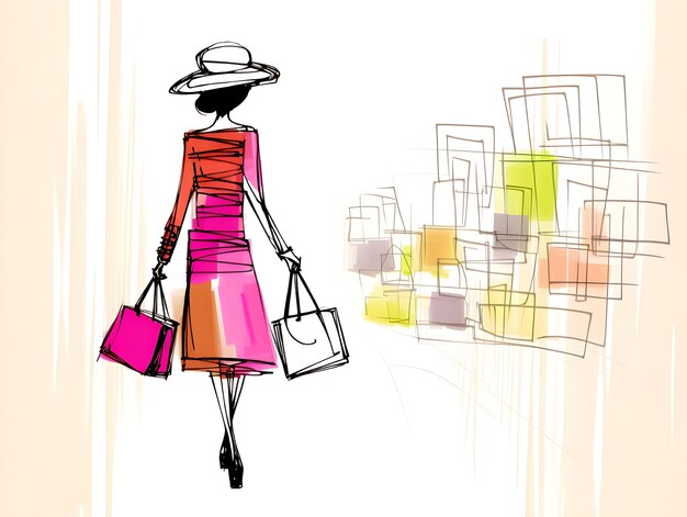 Photo cute colorful digital art design of a lady carrying shopping bags in doodle line art illustration