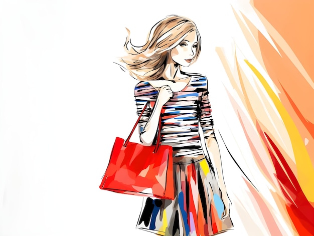 Foto carino colorato disegno d'arte digitale di una signora che porta borse della spesa in illustrazione d'arte a righe