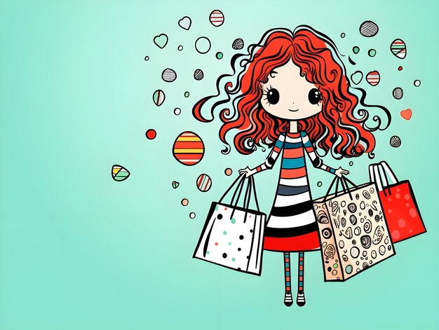 Photo cute colorful digital art design of a lady carrying shopping bags in doodle line art illustration