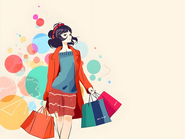 写真 ドードルラインアートイラストでショッピングバッグを運ぶ女性の可愛いカラフルなデジタルアートデザイン