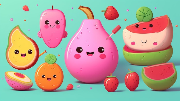 Cute colorful doodle guava strawberry and watermelon