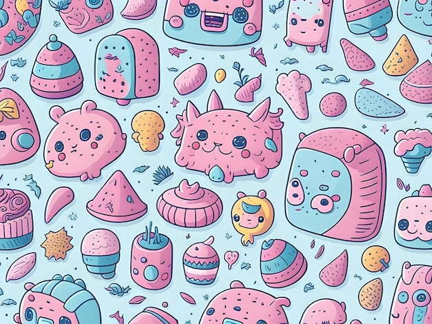 Photo cute and colorful doodle pattern of kawaii objects ai generative