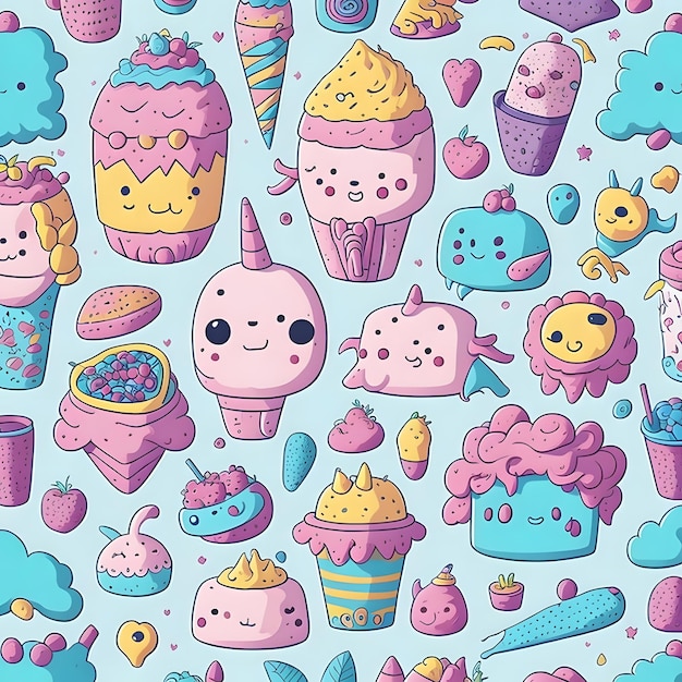 Cute and Colorful Doodle Pattern of Kawaii Objects Ai Generative