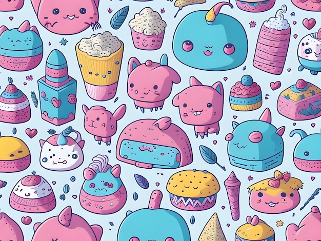 Photo cute and colorful doodle pattern of kawaii objects ai generative