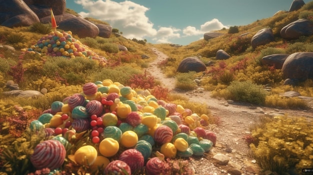 Cute colorful fantasy candy landscape with many sweets and big lollipop