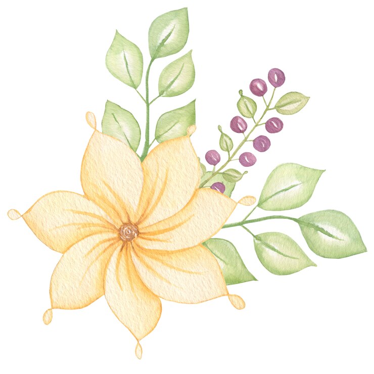 Photo 葉と花、果実の水彩画とかわいいカラフルな花の植物の花束。