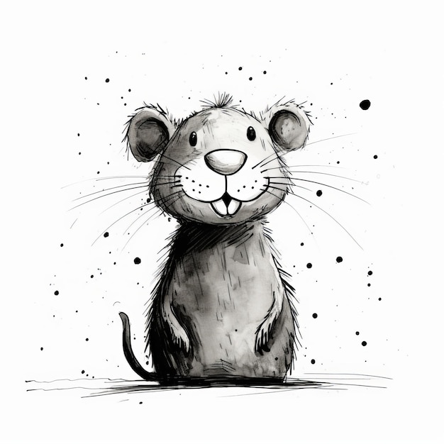 a cute and colorful illustration of a white rat is depicted on a brown background. the drawing is done in a black and white grayscale style, resembling inkblots. the charming character illustration sh