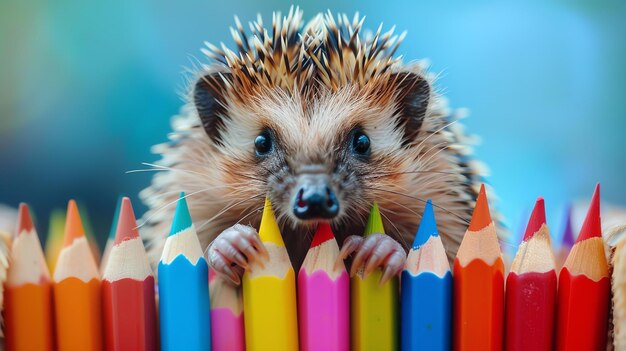 Cute and colorful image of a baby hedgehog sitting among a bunch of colored pencils