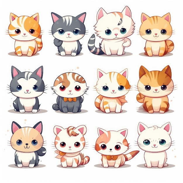 Симпатичные красочные наклейки с котами Кавайи идеально подходят для детей с минимальным затенением на белом фоне