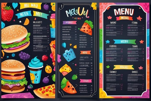 Cute colorful kids meal menu vector template