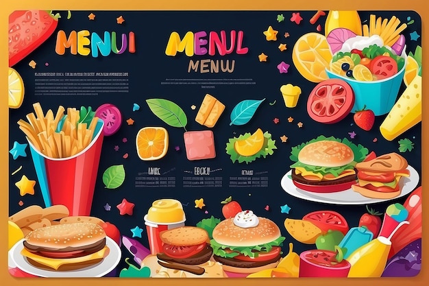 Cute colorful kids meal menu vector template