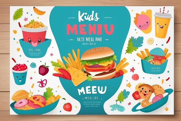 Photo cute colorful kids meal menu vector template