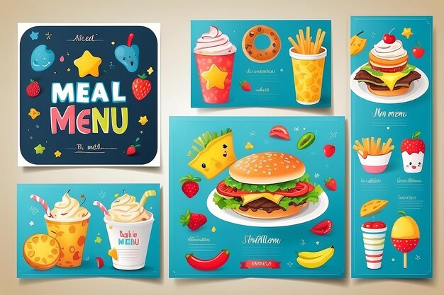 Cute colorful kids meal menu vector template