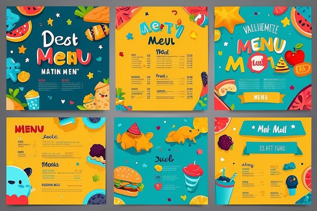 Cute colorful kids meal menu vector template