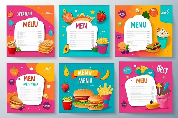 Cute colorful kids meal menu vector template