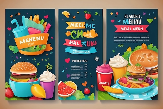 Photo cute colorful kids meal menu vector template