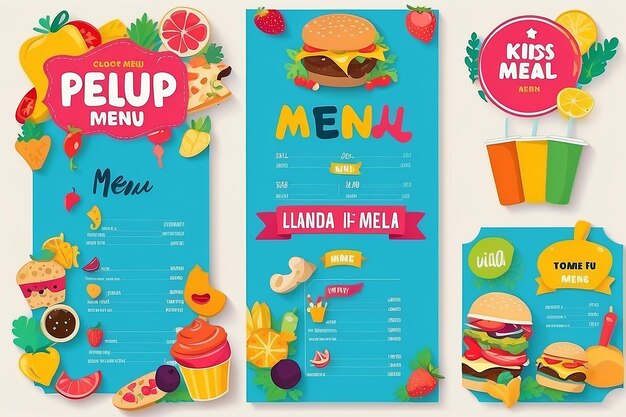 Photo cute colorful kids meal menu vector template