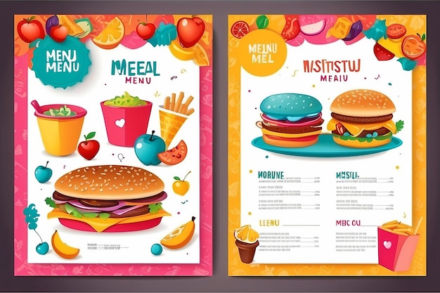 Cute colorful kids meal menu vector template