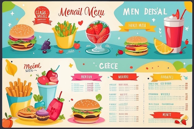 Cute colorful kids meal menu vector template