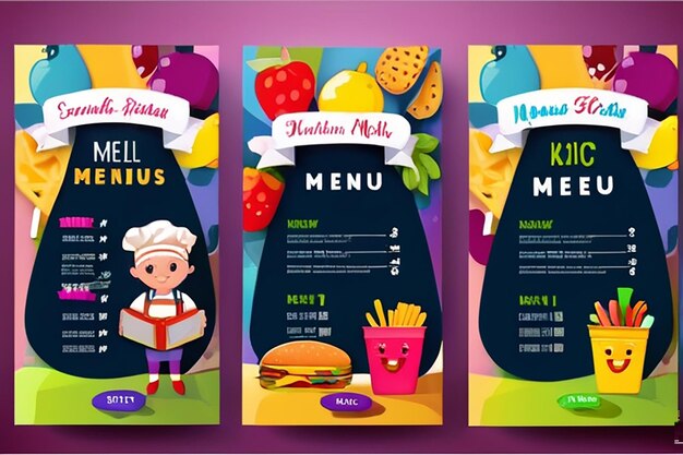 Photo cute colorful kids meal menu vector template