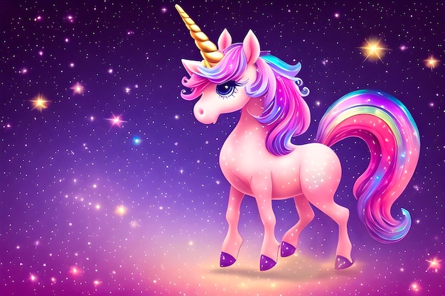 Cute colorful magical adorable kawaii unicorn on sparles violet background