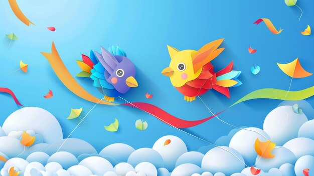 Photo cute colorful paper toys flying on wind in blue sky with clouds in the shape of fish and birds makar sankranti background modern cartoon image