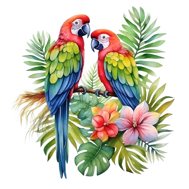 cute colorful parrot couple sitting on tree branch