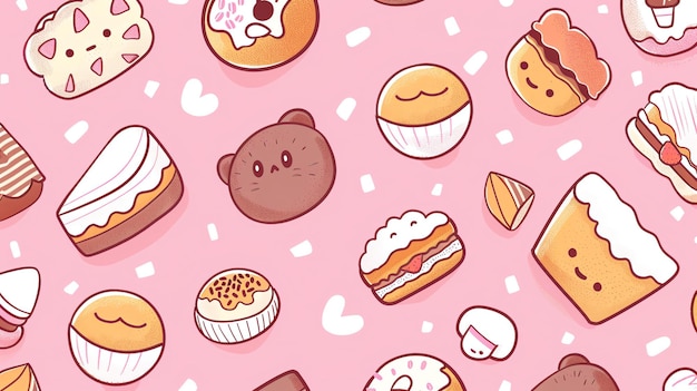 Photo a cute and colorful pattern of various desserts and pastries such as cakes cupcakes cookies and donuts on a pink background