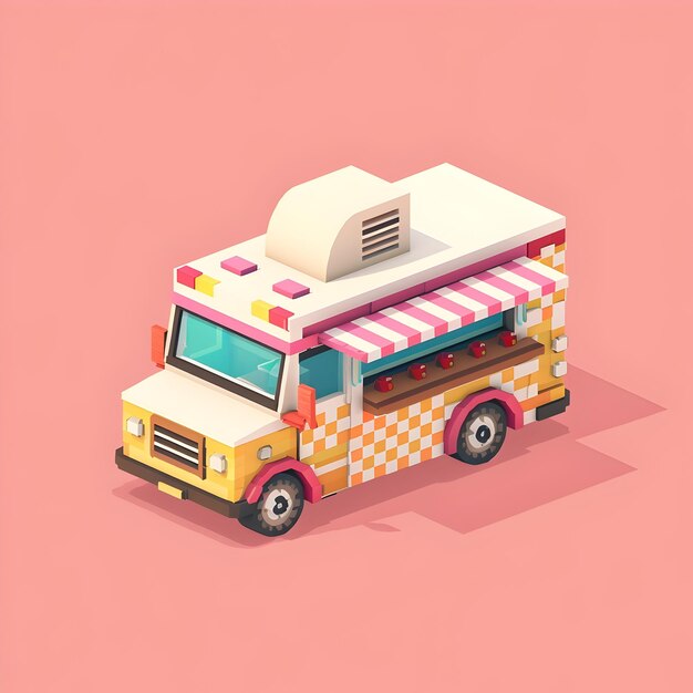 Photo cute colorful pixel art 3d isometric food truck on stylized background with retro aesthetic