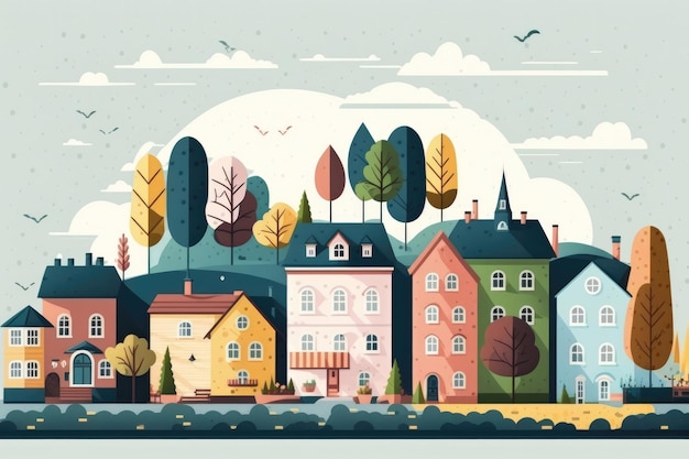 Photo cute and colorful scandinavian style town with a row of houses and city buildings