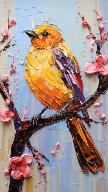 Cute colorful thick impasto bird painting