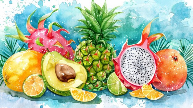 Photo cute colorful watercolor illustration for baby nursery with tropical fruits coconuts papayas and dra