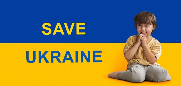 Cute concentrated ukrainian child praying keeping eyes closed collage