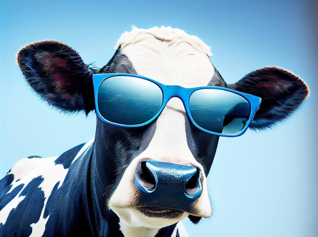 Cute cool milk cow farm animal wearing sunglasses Mammal in sun glasses portrait on sky background Generative AI