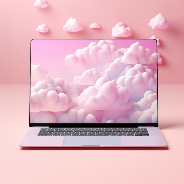 Cute and Coquette A Dreamy Macbook Mockup with Soft Pink Background and Playful Illustration Elemen