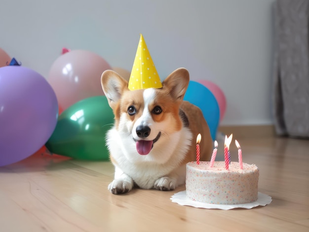 Cute corgi in a birthday small hat and cake generative ai