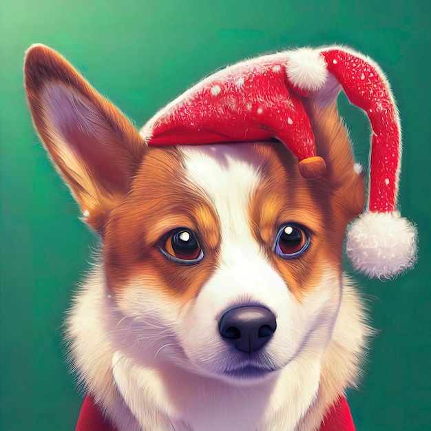 Cute corgi dog in christmas landscape with red hat