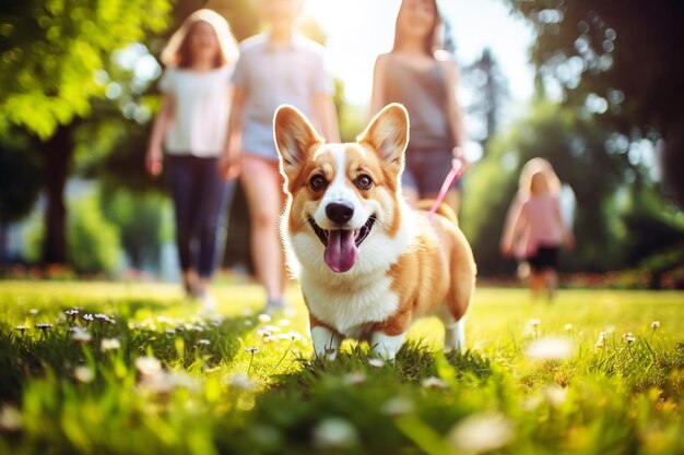 Фото Милый собака-корги вблизи на газоне в парке в солнечный летний день на заднем плане счастливая семья