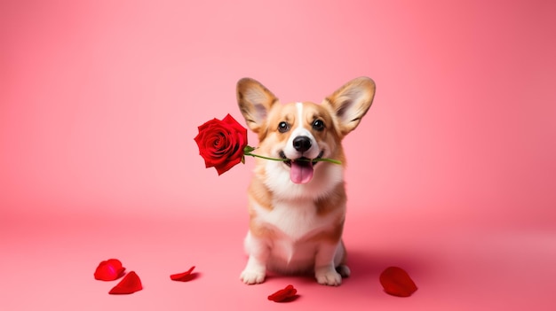 Cute corgi dog holding a red rose flower in mouth for Valentines day studio photo pink background