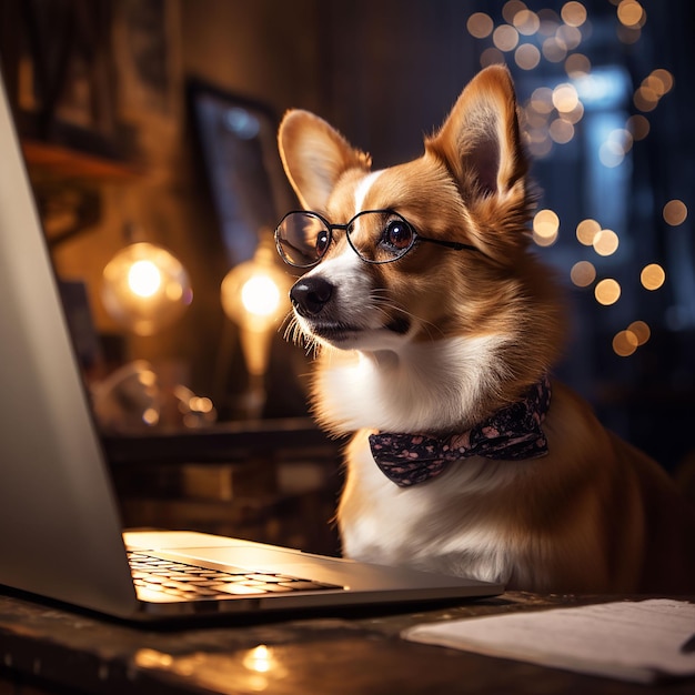 Cute corgi dog looking into computer laptop working in glasses and shirt