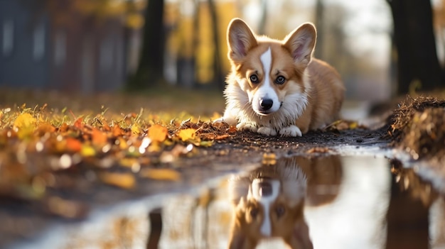 Cute corgi dog puppy stands in the a puddle