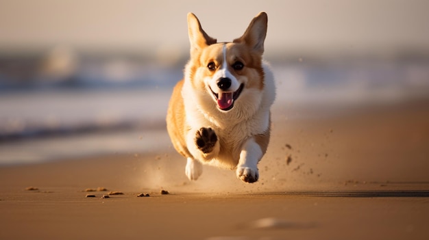Cute corgi dog running on the sea beach wallpaper AI Generated art
