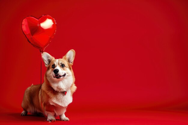 Cute corgi dog with a red heart shaped foil balloon on a red background for valentines day