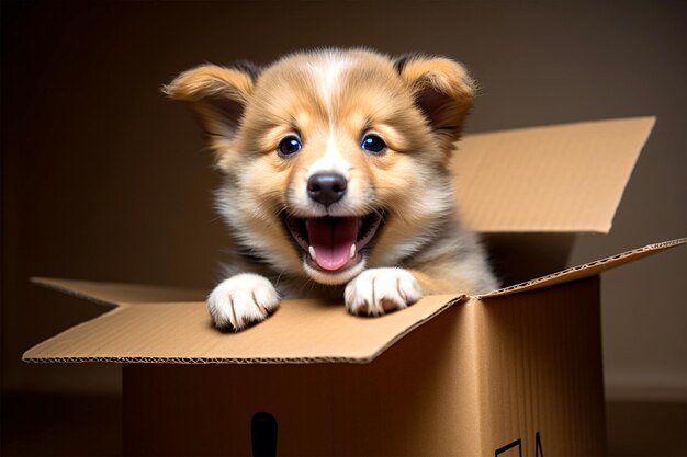 Cute corgi puppy in a cardboard box