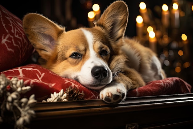 Cute corgi puppy dog sleeping Holiday bokeh background