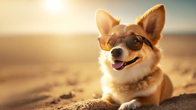 Cute corgi puppy is wearing sunglasses on blurred beach sea background